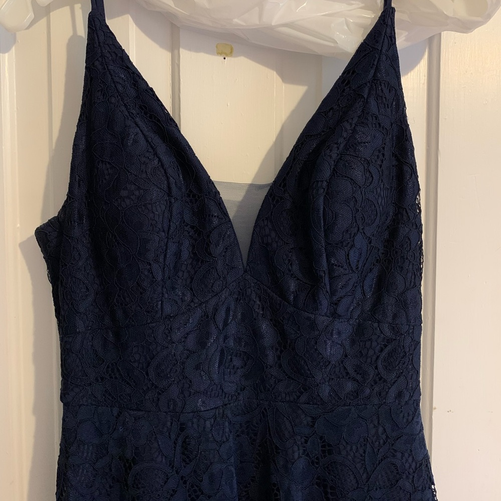 Size 8 (unaltered/un-worn) David’s bridal Navy Blue Lace high/low dress) NWT